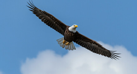 Fototapeta premium Eagle Soaring Across Clear Blue Sky With White Clouds