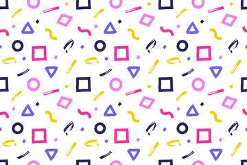 Modern seamless Memphis-style pattern with colorful geometric shapes on a light background. Perfect for packaging design, textiles, wallpapers, and digital projects. Vector illustration EPS10.