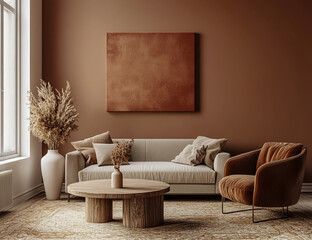 A contemporary living room featuring warm brown walls, a stylish sofa, a sleek coffee table, and cozy decor.