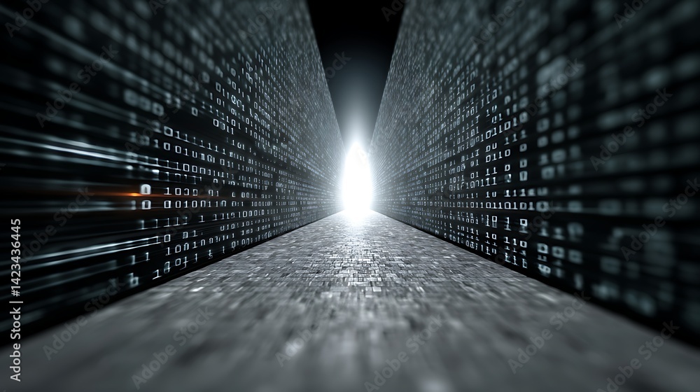 Poster the infinite journey through data and code represented by a digital tunnel