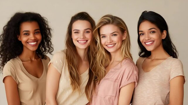 Group of diverse young women smiling together in neutral tone outfits