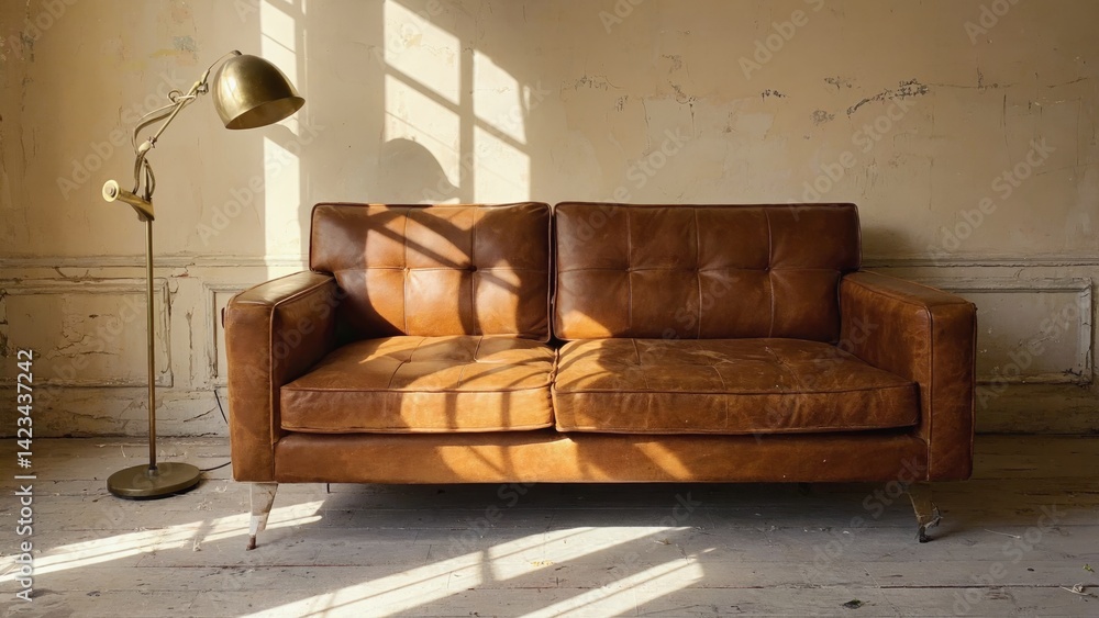 Poster a tan leather couch sits in front of a lamp. the couch is the main focus of the image, and the lamp 