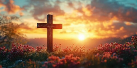 Sunset view of a cross surrounded by flowers in a serene landscape with vibrant sky colors