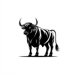 Illustration of a strong black bull standing confidently on a plain white backdrop