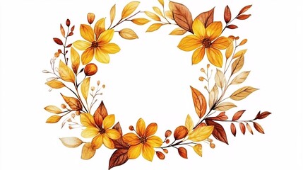 Watercolor autumn leaves and flowers creating a round frame
