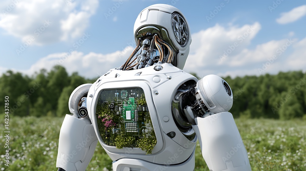 Poster the harmonious blend of nature and technology represented by a robot with a green circuitry core