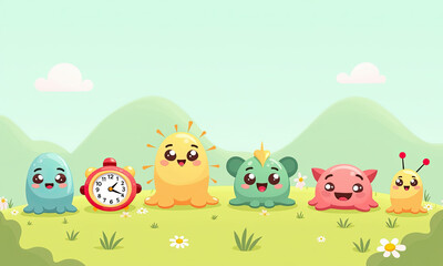 Naklejka premium Cute Monsters & Alarm Clock Illustration - Kawaii characters