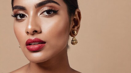Fototapeta premium A smiling woman with bold red lipstick and intricate eye makeup, showcasing modern fashion style.