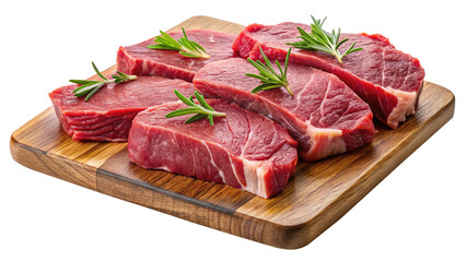 Fototapeta premium Fresh cuts of beef tenderloin on a wooden board with rosemary sprigs