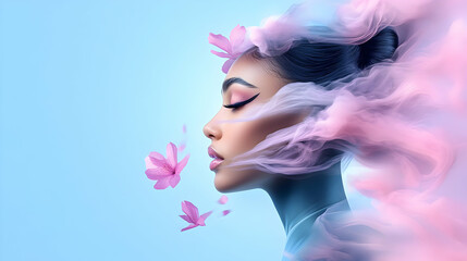 A serene woman enveloped in delicate pink and blue smoke, adorned with blossoming flowers, evokes a dreamlike sense of tranquility and ethereal beauty against a soft light blue backdrop.