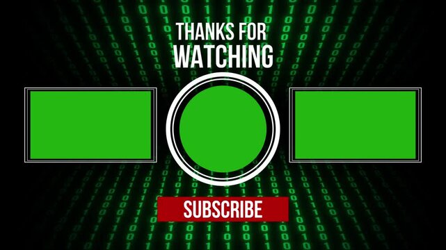 Animated background of the final Youtube screen. A digital background of zeros and ones, video frames, and the channel's logo. The video completion template. 4K