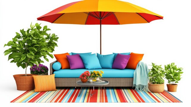 Colorful Garden Furniture and Decor on White Background