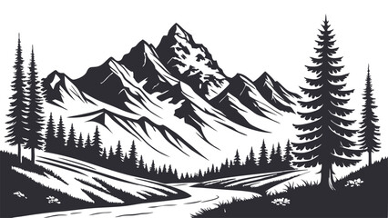 Monochrome Mountain Ridge Logo with Forest Elements.
