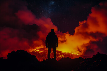 A dark silhouette of a man standing against a backdrop of lava swirling with ominous black clouds, under a starry sky.
