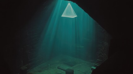 Ancient, submerged chamber bathed in ethereal light