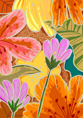 Abstract floral pattern, flowers and leaves shapes colorful hand drawn vector illustration bacckground. Design for wall art, prints, decoration, cards, wallpaper.