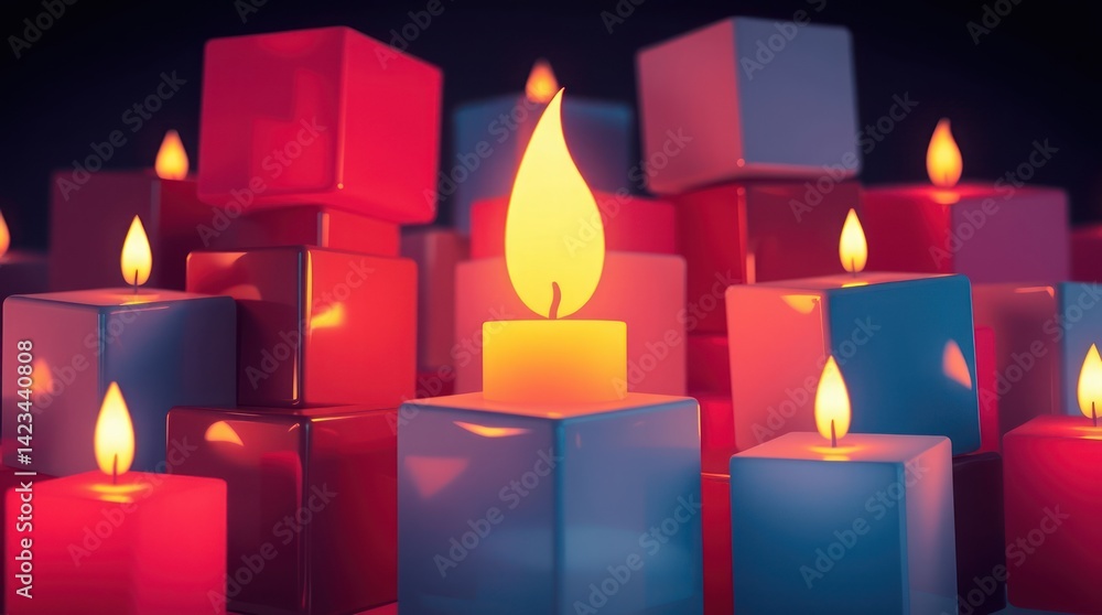 Poster glowing candles nestled within colorful cubic structures, creating a warm, ambient scene