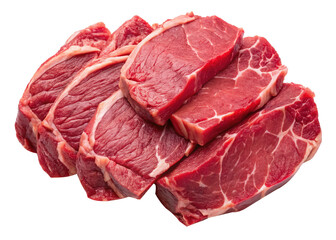 Pile of raw, fresh beef steaks on a white background for cooking