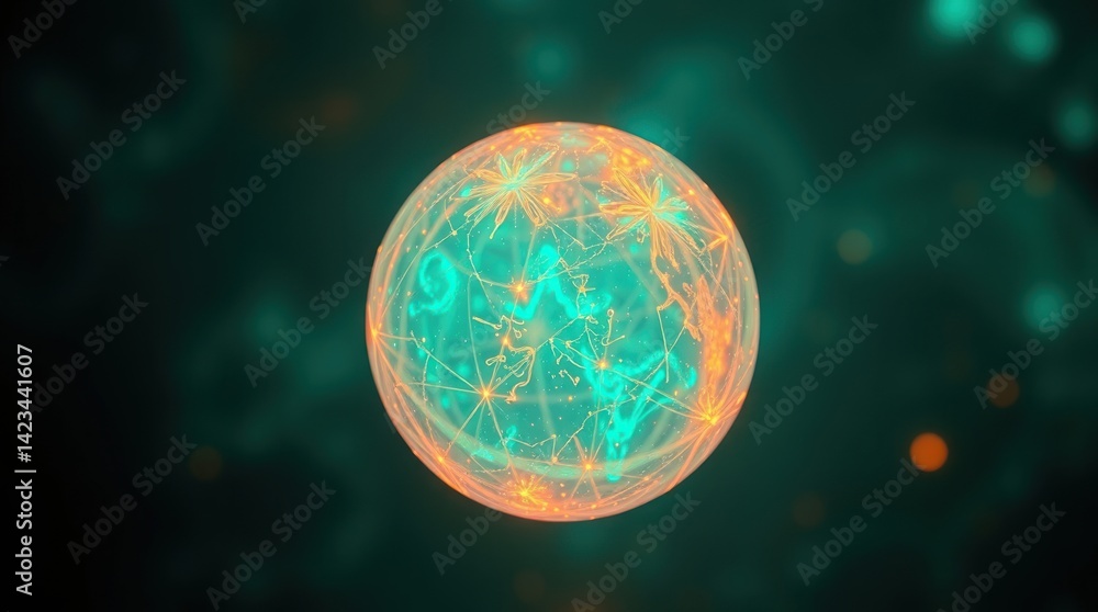 Poster glowing orb with intricate energy network inside, set against a dark, bokeh background