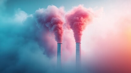 Two smokestacks emit colorful clouds of smoke against a misty background, highlighting environmental concerns related to pollution and industry.