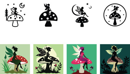 Silhouette of fairy sitting on mushroom