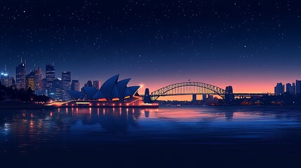 Flat silhouette of Sydney at night, Opera House and Harbour Bridge glowing slightly, dark skyline in background, deep navy sky with subtle stars, smooth gradient water, hd quality, natural look.