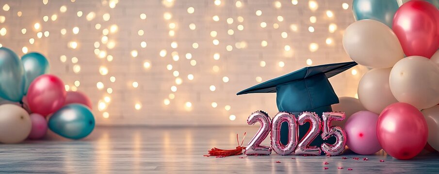 Graduation ceremony background featuring graduation cap and balloons with year 2025