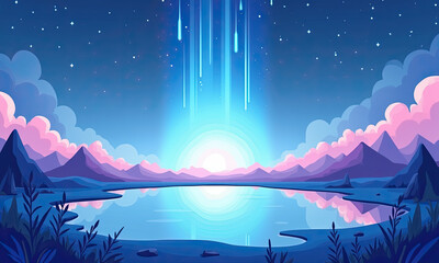 Magical Sunset Lake & Meteor Shower - Flat design