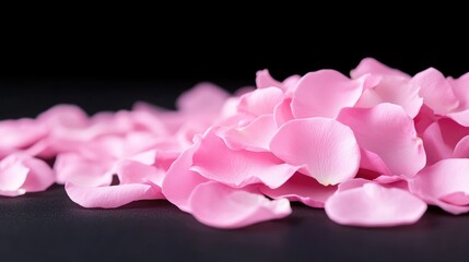 Obraz premium A pile of delicate pink rose petals scattered on a dark black surface with shallow depth of field.