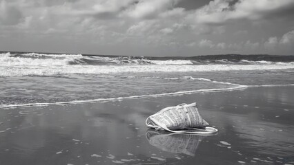 A single seashell washed up on a sandy beach.