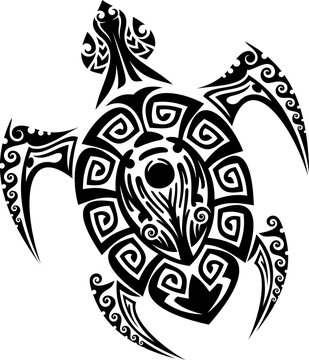 Maori tribal turtle tattoo or reptile animal with Polynesian pattern or Hawaiian ornament, vector art design. Celtic or Maori tribal tattoo of sea turtle with symmetric intricate sharp lines ornament