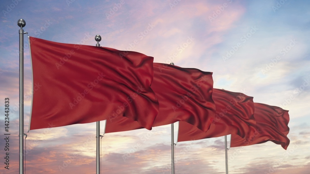 Poster three red flags are flying in the sky, with a cloudy background. the flags are all the same color an