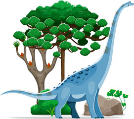 Dinosaur, cartoon prehistoric lizard of Titanosauria species, vector dino animal. Giant dinosaur Titanosaurus or sauropod species lizard of Cretaceous era in jungle for kids paleontology encyclopedia © Vector Tradition