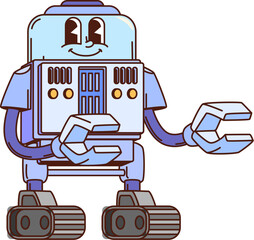 Cartoon groovy robot, retro droid or robotic transformer character, vector personage. Groovy robot with funny face and gripper mechanic hands, comic retro android or futuristic space cyborg character
