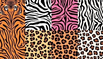 Seamless vector patterns featuring tiger, zebra, giraffe, cheetah skins, seamless, textile