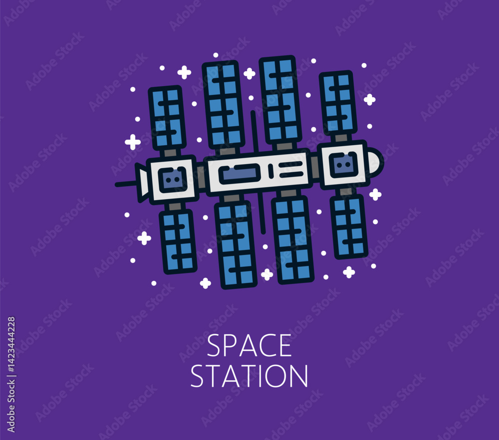 Poster galaxy space station color line icon. space research or discovery linear icon, cosmos exploration li