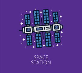 Galaxy space station color line icon. Space research or discovery linear icon, cosmos exploration lineart vector sign. Astronomy flight outline icon or galaxy outerspace travel thin line symbol