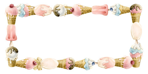 Cute ice cream popsicle frame. Watercolor hand painted summer food isolated illustration card invitation baby shower