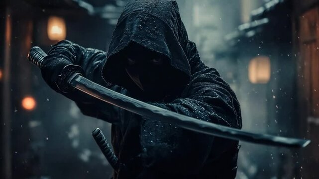 Mysterious warrior with katana sword emerges from the shadows in the old town