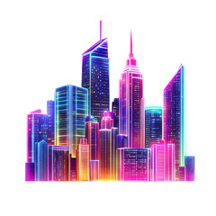 Vibrant neon cityscape illustration on transparent background Futuristic skyline with glowing skyscrapers, concept of modern architecture and urban fantasy
