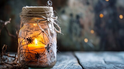 Halloween candle burning inside a mason jar decorated with spiders and cobwebs