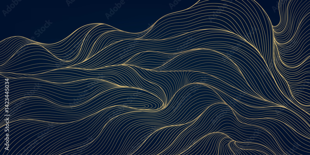 Poster vector abstract golden wave on dark backgrounds. thin line modern premium shape, premium curve glitt