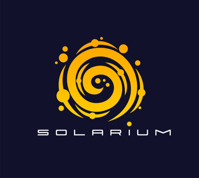 Solarium sun icon for tanning salon, summer beach and SPA, vector emblem. Solarium icon of spiral sun with yellow shine sparkles twist for skincare cosmetics brand or tanning studio and summer resort