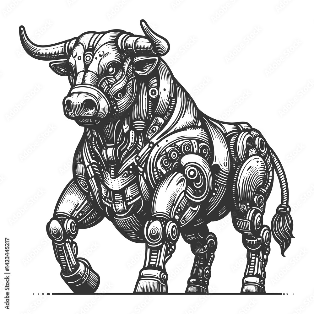 Poster cybernetic bull with mechanical components, gears, and futuristic robotic details in steampunk style