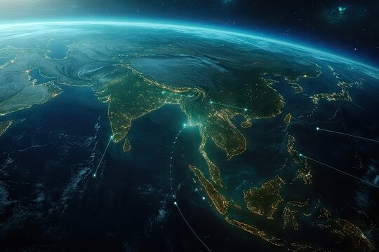 Earth's night side, Asia focus, highlighted connections