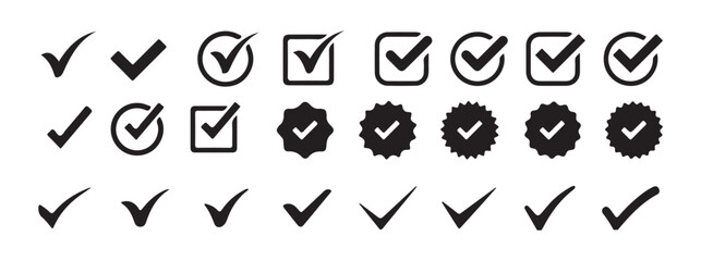Checkmark icon set, approved symbol, checked checkbox mark, checkmark set black c,,ghek mark icon set. vector illustration eps 10.