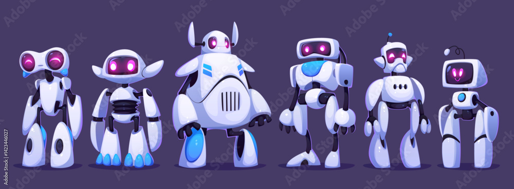 Poster futuristic robots or cartoon droid mascot characters and cosmic monsters, vector alien cyber bots. f