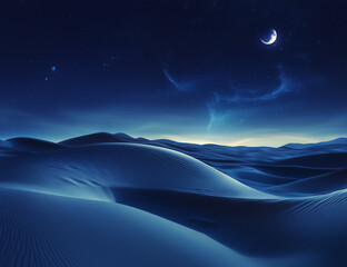  desert landscape under a dark blue night sky, illuminated by a crescent moon and twinkling stars.