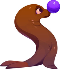 Cartoon circus font number five as a seal with a smooth brown body balancing a shiny purple ball on its nose. Vector retro carnival typeface, numeral 5 symbol as animal character perform entertainment