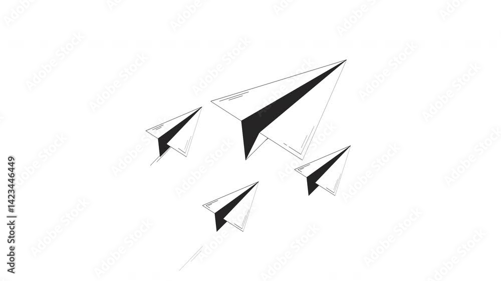 Poster paper planes flying in forward motion outline 2d object doodle animation. message delivery. mail fli